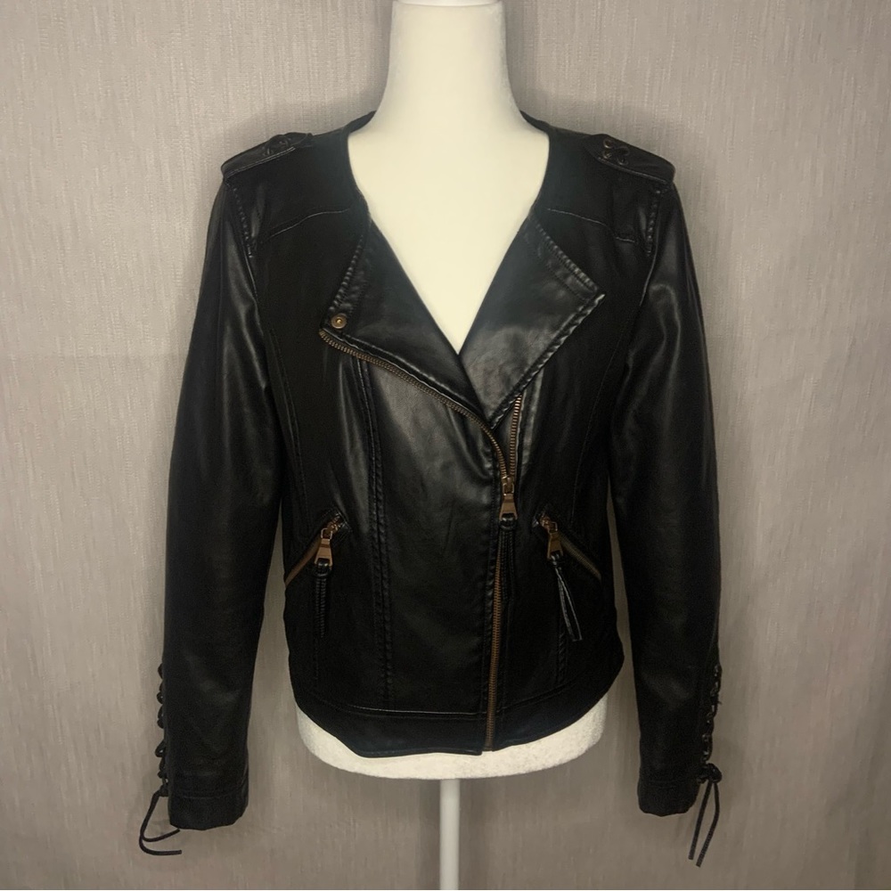 Express Faux Leather Black Moto Jacket w/ Lace Up Ties | Size Medium